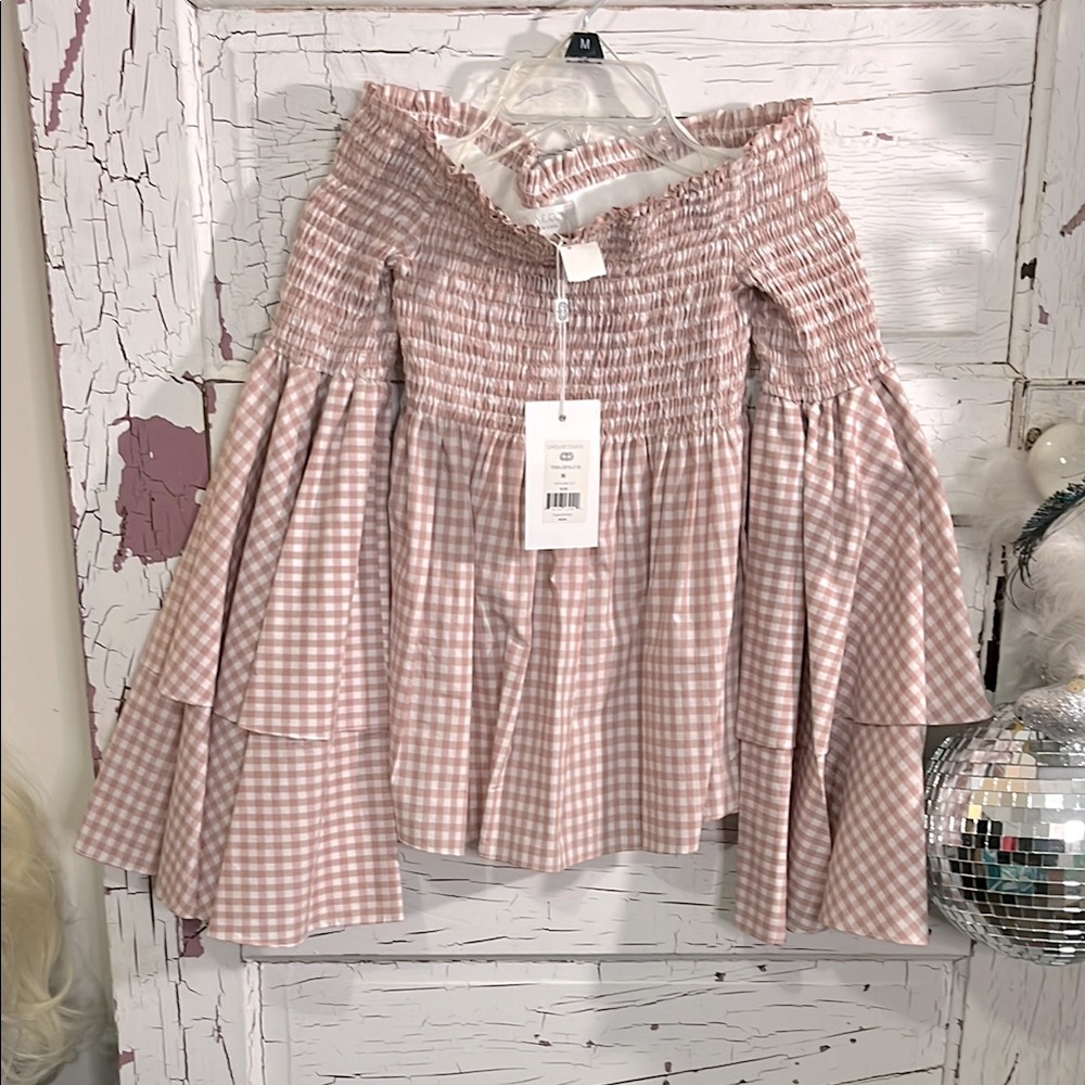 NWT Caroline Constas Pink Gingham Elastic Bodice Off The Shoulder Top MSRP $420